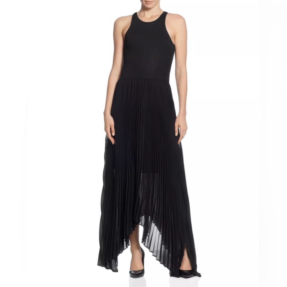 T Tahari XL Black Poly-viscose Combo Pleated Edgy Sleeveless Maxi Dress  93178